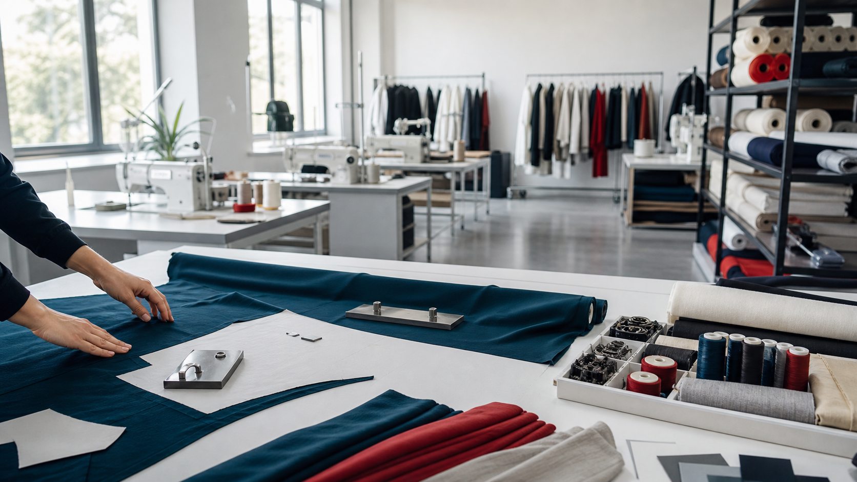 Modern apparel manufacturing workspace with sewing stations and fabric rolls