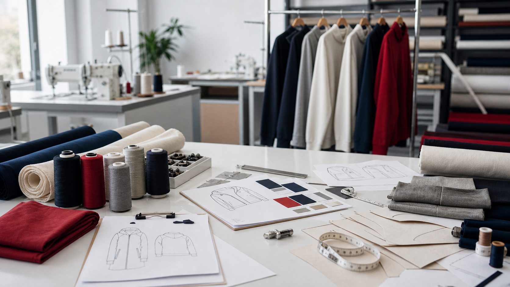 Apparel production planning table with fabric, patterns, and sewing supplies