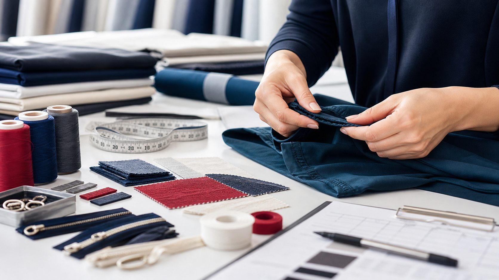 Apparel quality control table with thread, measuring tape, and garment samples